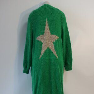 NWT Womens Tina Demel Green Gold Metallic Star Long Open Cardigan Sweater OS